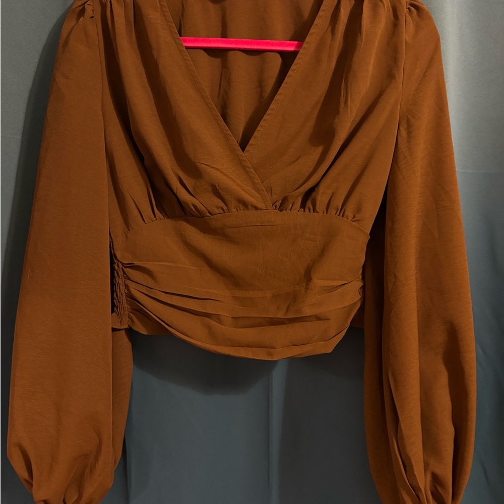 SHEIN Brown Long Sleeve Wrap Crop Blouse